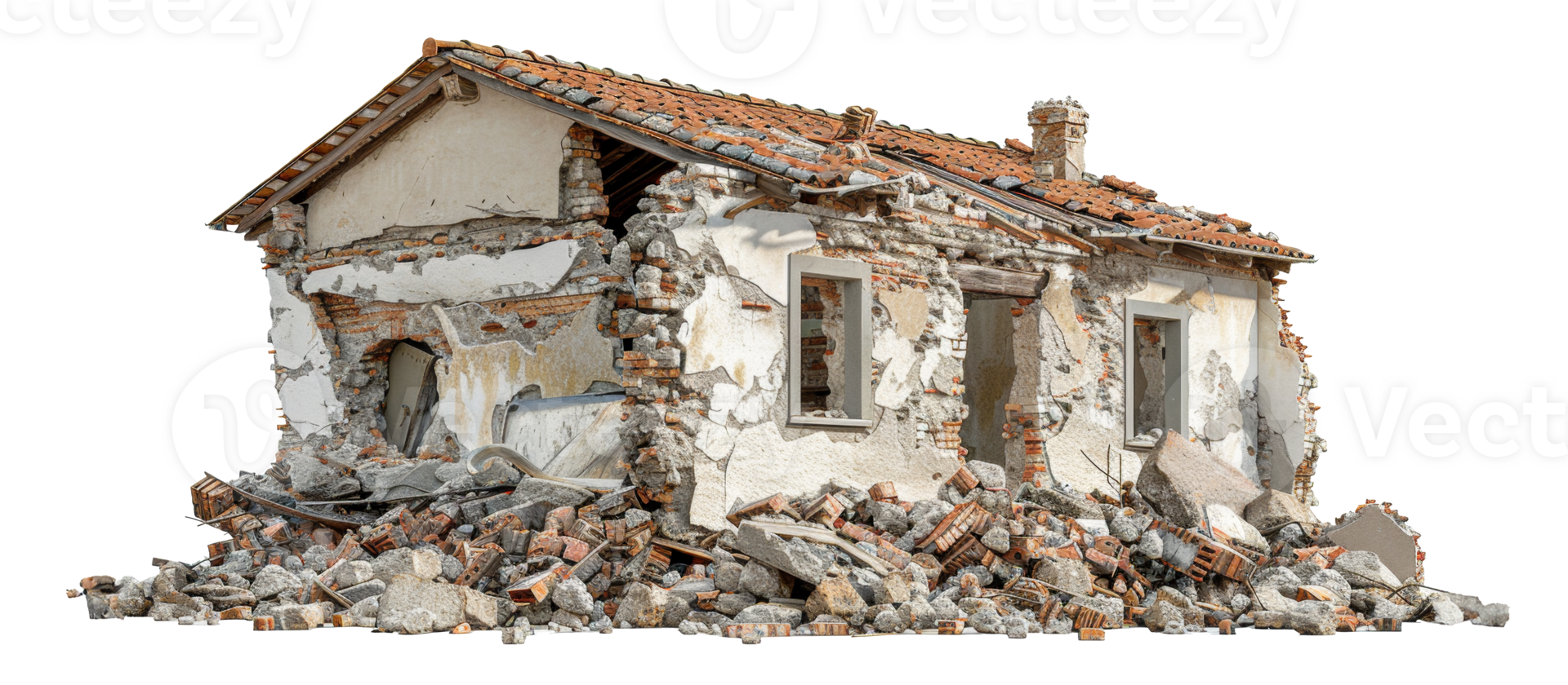 AI generated Demolished building ruins with scattered debris on transparent background - stock png. png