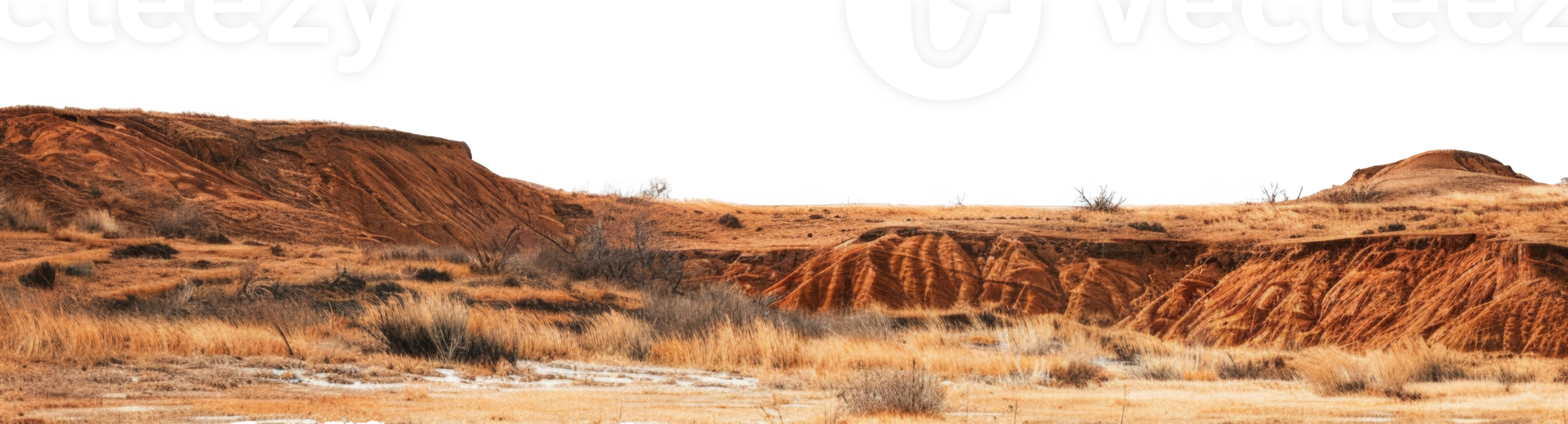 AI generated Arid desert hills with textured erosion and dry grass on transparent background - stock png. png