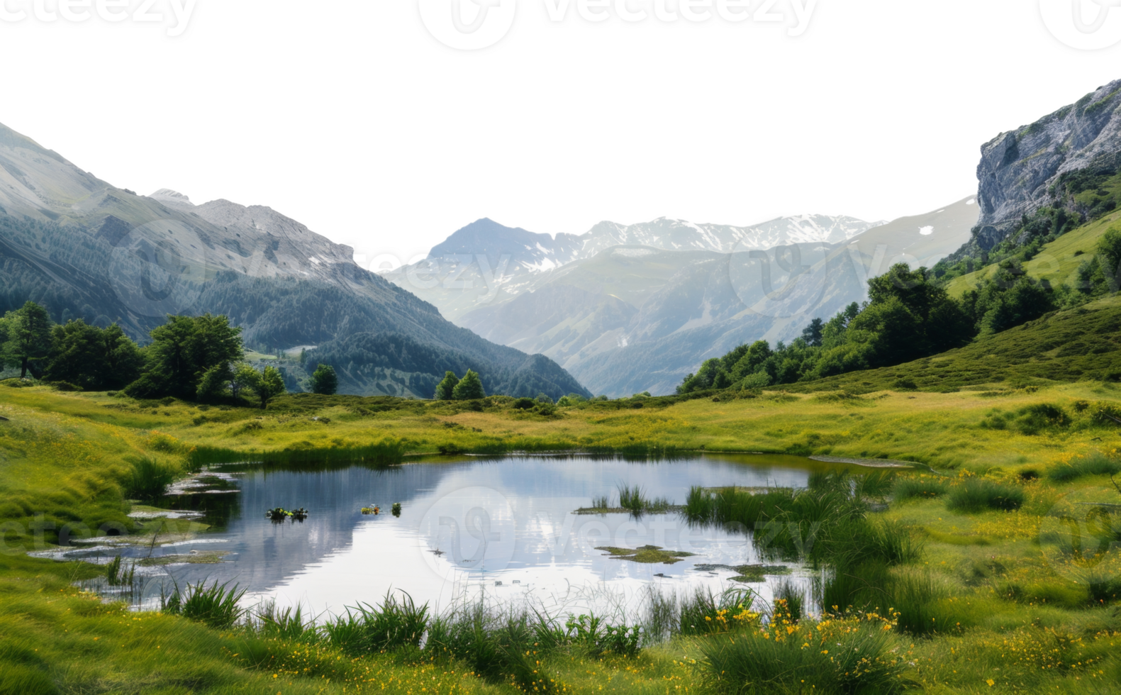 AI generated Tranquil mountain lake surrounded by wildflowers and lush greenery on transparent background - stock png. png