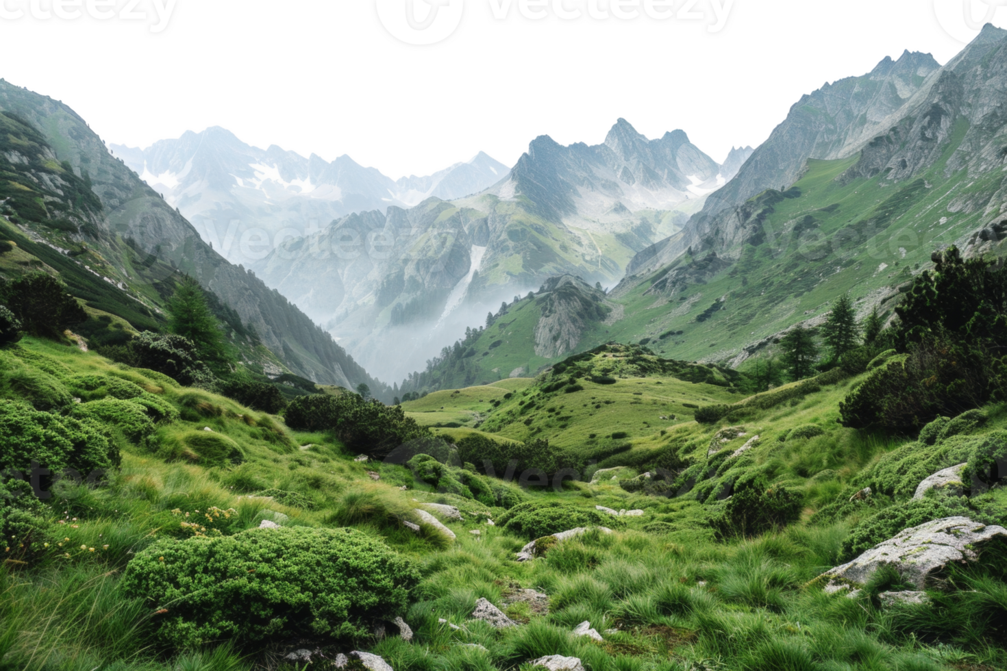 AI generated Green alpine meadows and rugged mountain peaks in serene scenery on transparent background - stock png. png