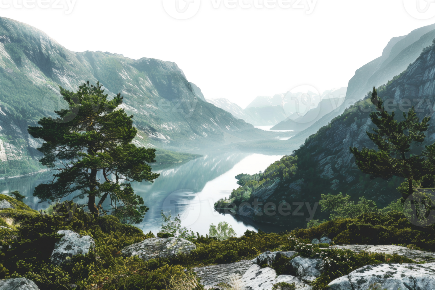 AI generated Serene lake surrounded by steep cliffs and greenery in mountain valley on transparent background - stock png. png
