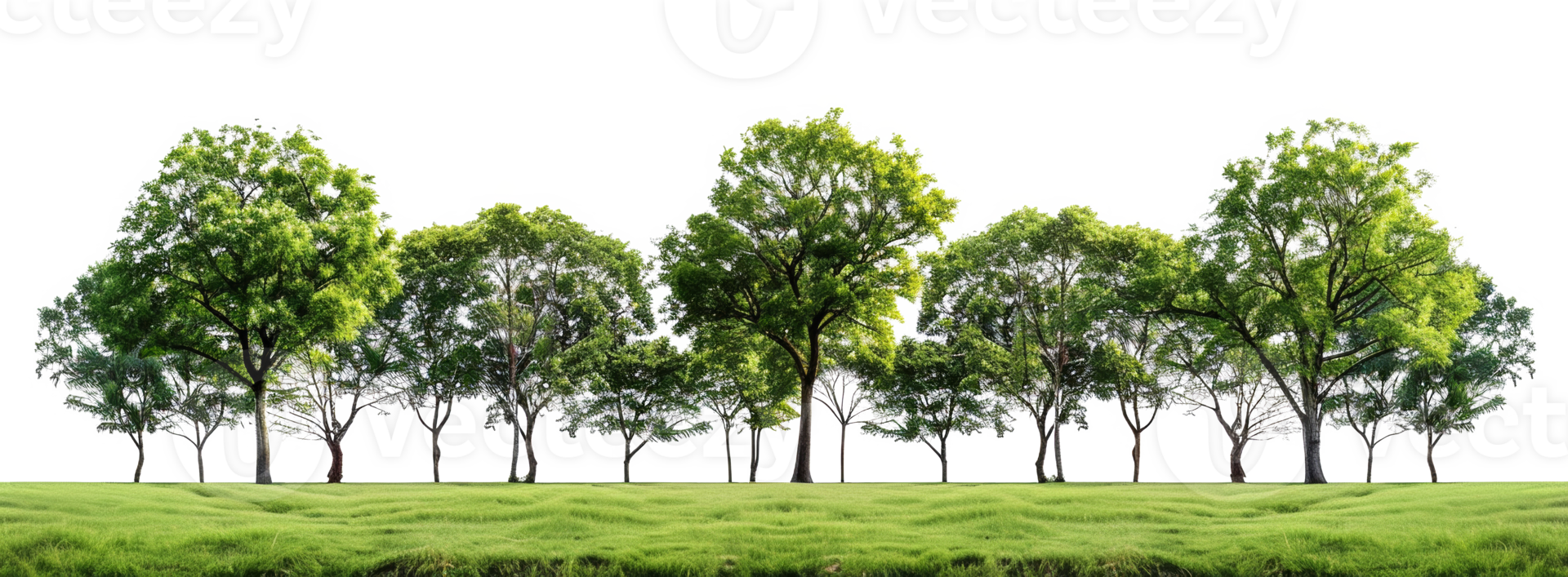 AI generated Row of deciduous trees on a lush green meadow on transparent background - stock png. png