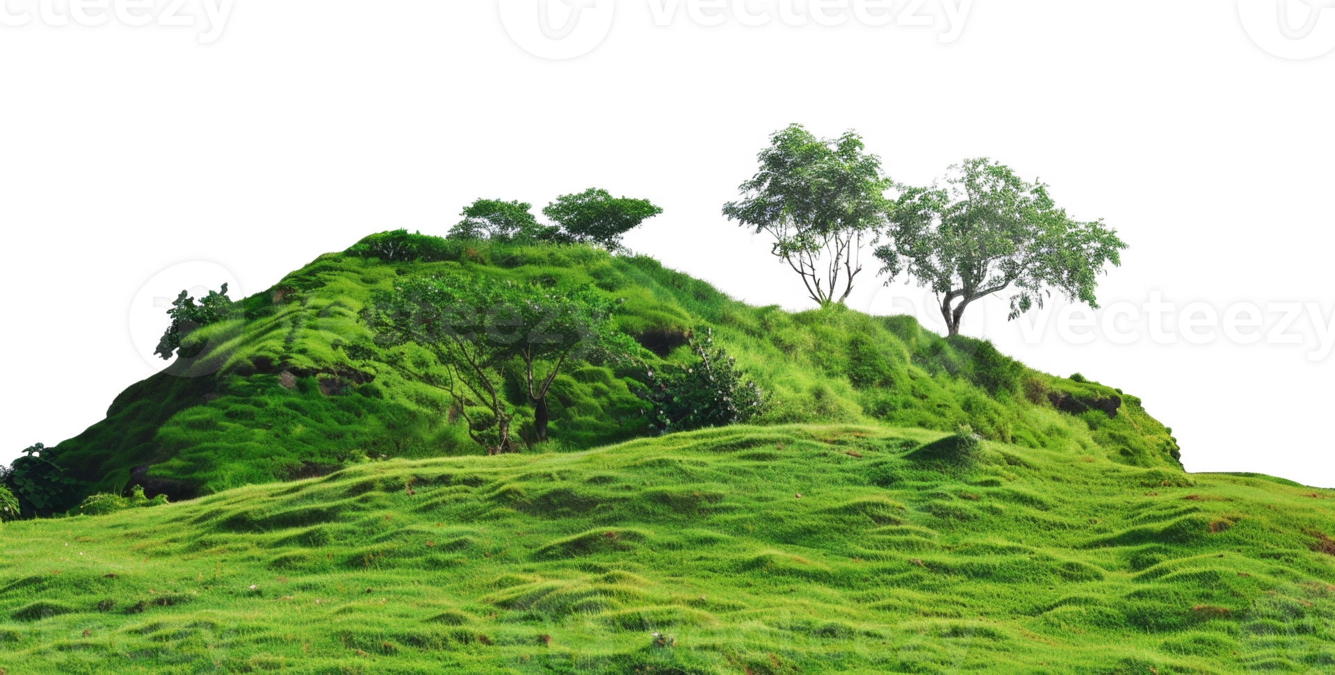 AI generated Serene rolling green hills with lush trees in a peaceful landscape on transparent background - stock png. png