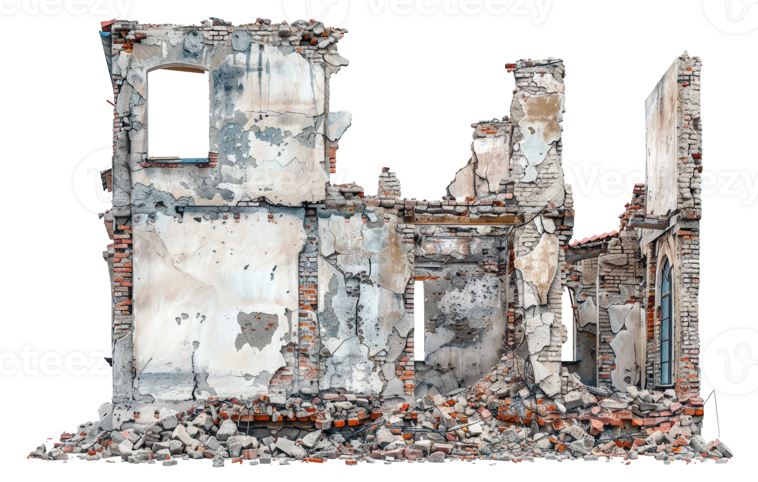 AI generated Demolished building ruins with scattered debris on transparent background - stock png. png
