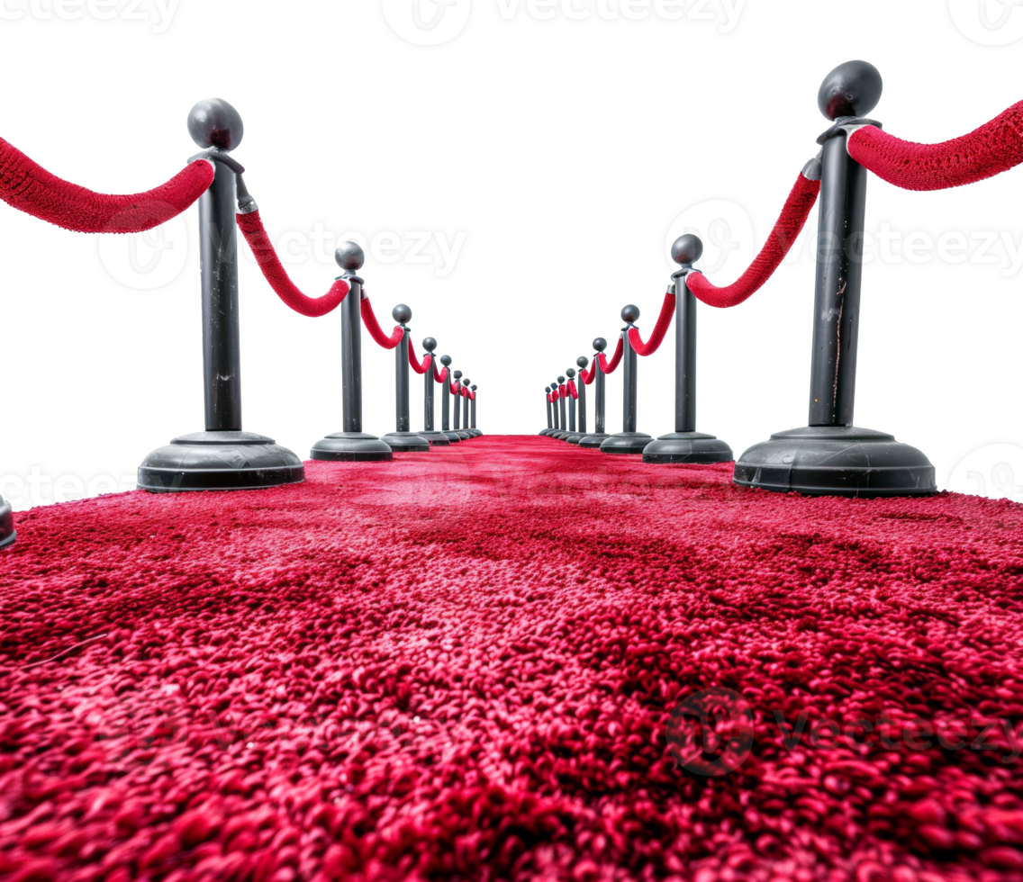 AI generated Luxurious red carpet event entrance with velvet ropes on transparent background - stock png. png