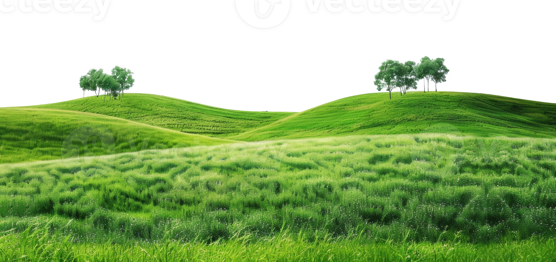 AI generated Serene rolling green hills with lush trees in a peaceful landscape on transparent background - stock png. png