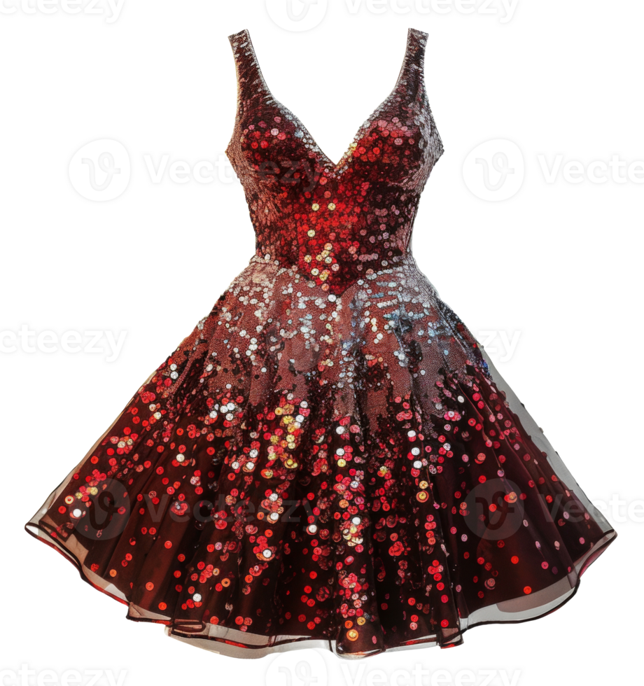 AI generated Red sequined cocktail dress for parties on transparent background - stock png. png