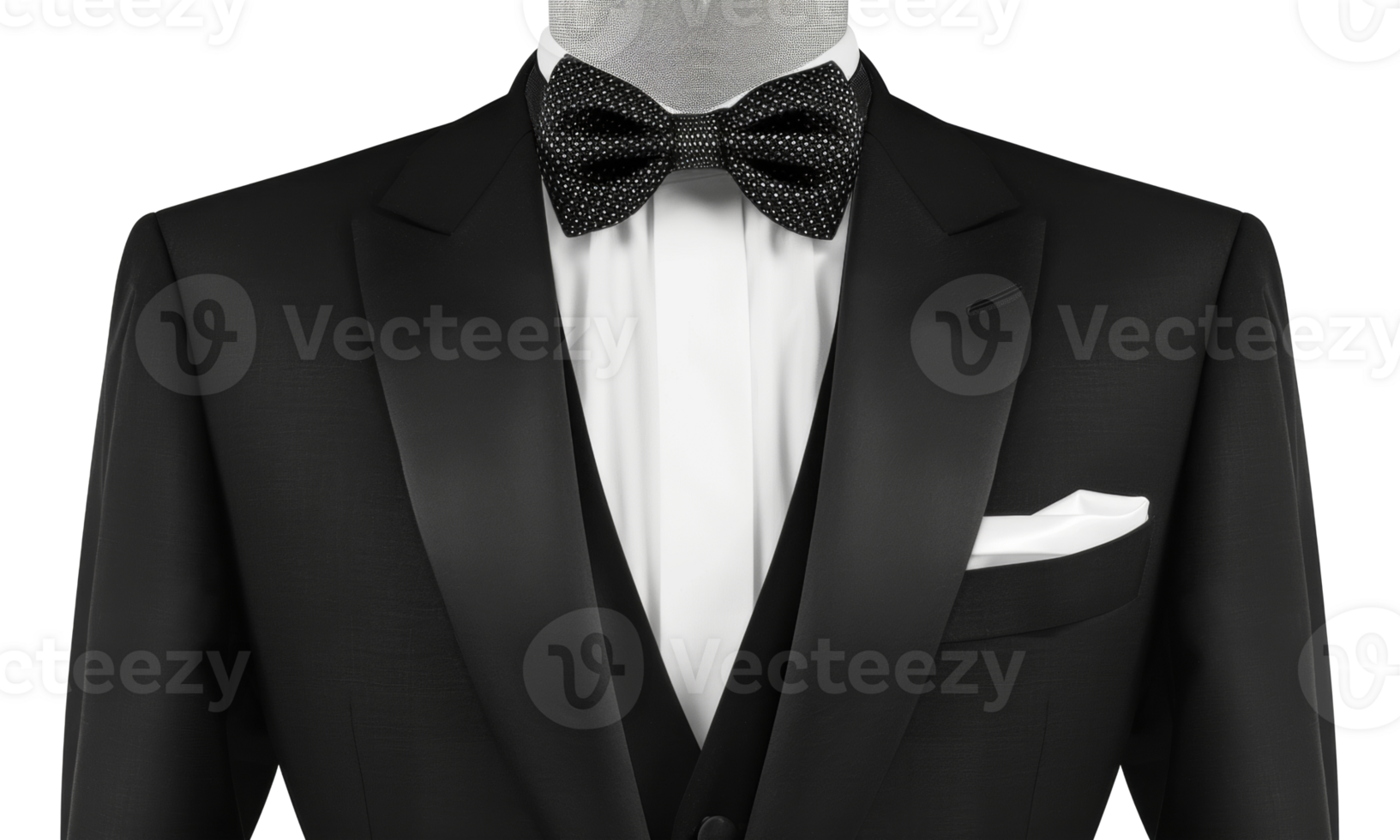 AI generated Elegant black tuxedo with white shirt and bow tie on transparent background - stock png. png