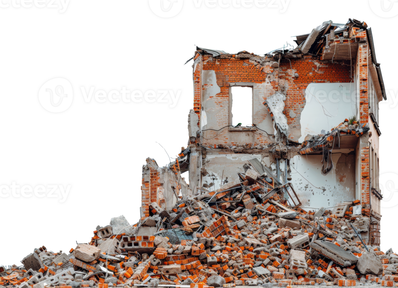 AI generated Demolished building ruins with scattered debris on transparent background - stock png. png