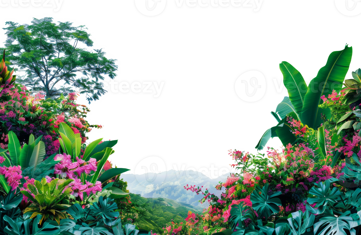 ai genererad vibrerande tropisk blommor och växter med berg på transparent bakgrund - stock png. png