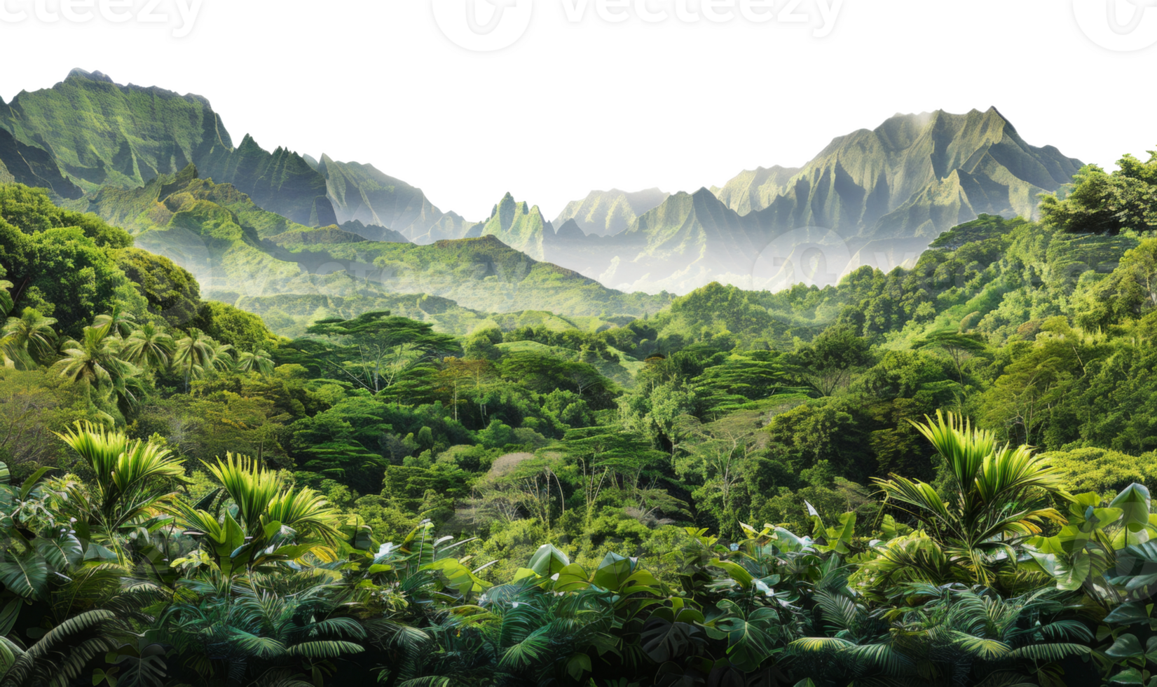 AI generated Lush tropical rainforest canopy with mountain outlines on transparent background - stock png. png