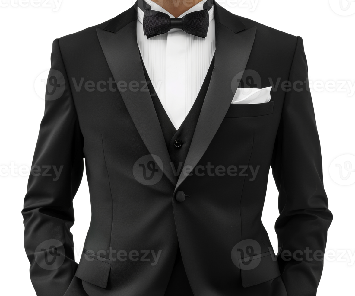 AI generated Elegant black tuxedo with white shirt and bow tie on transparent background - stock png. png