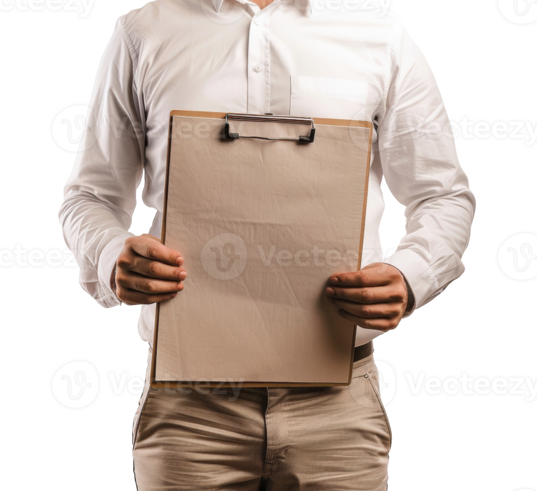 AI generated Professional man with clipboard in white shirt on transparent background - stock png. png