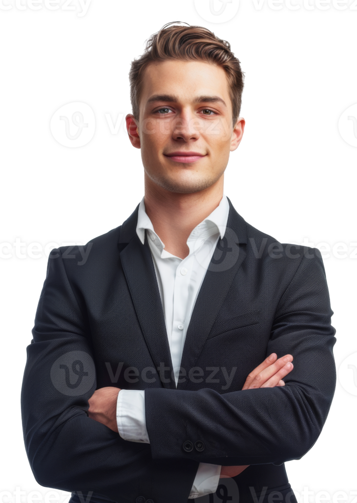 AI generated Professional man in suit with arms crossed on transparent background - stock png. png