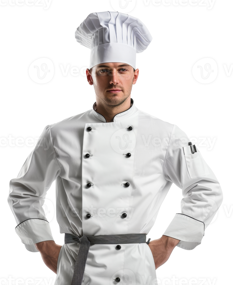 AI generated Confident male chef in traditional white uniform and hat on transparent background - stock png. png