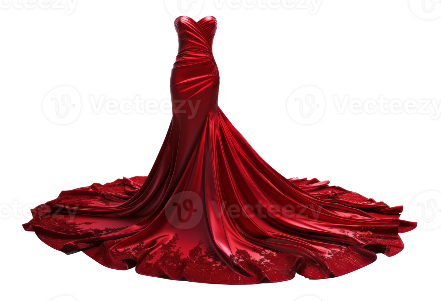AI generated Red velvet evening gown with flowing train on transparent background - stock png. png