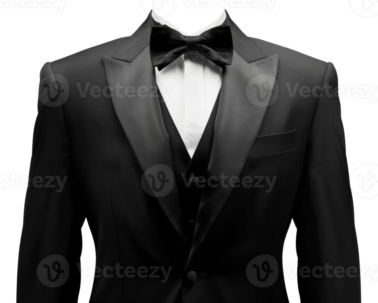 AI generated Elegant black tuxedo with white shirt and bow tie on transparent background - stock png. png