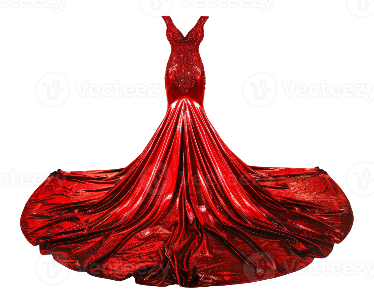AI generated Red velvet evening gown with flowing train on transparent background - stock png. png