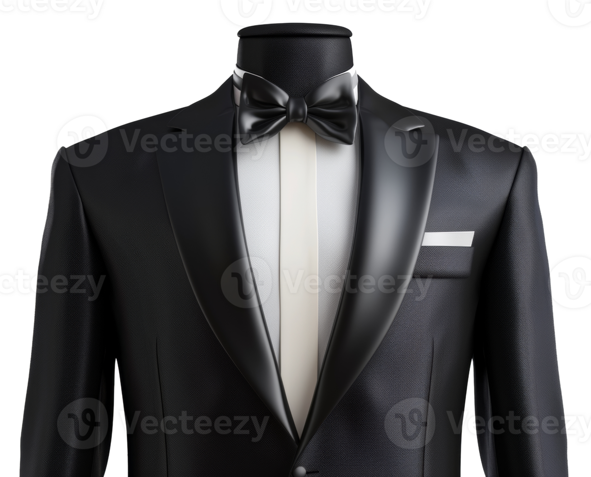 ai generiert elegant schwarz Smoking mit Krawatte auf transparent Hintergrund - - Lager png. png