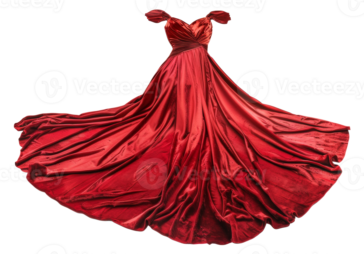 AI generated Red velvet evening gown with flowing train on transparent background - stock png. png