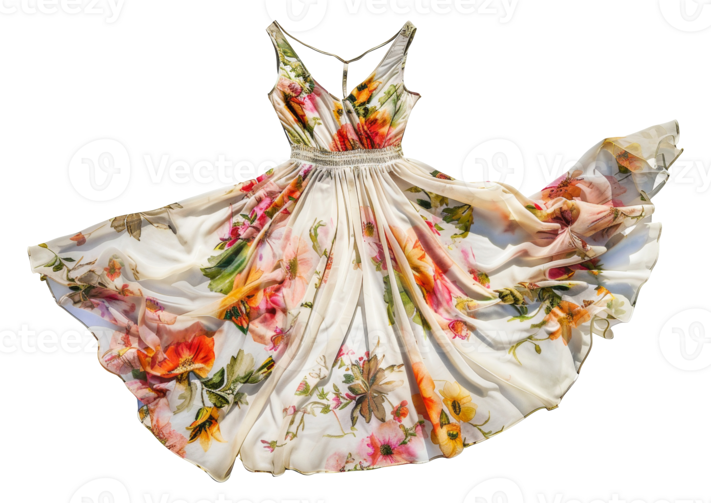 AI generated Summer dress with colorful floral print on transparent background - stock png. png