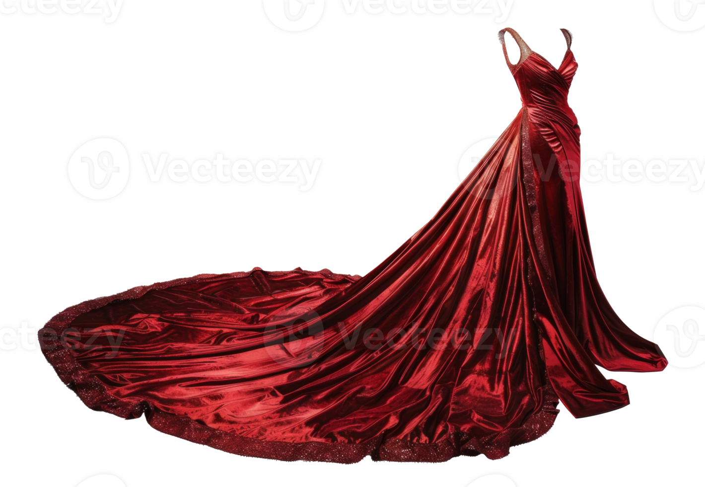 AI generated Red velvet evening gown with flowing train on transparent background - stock png. png