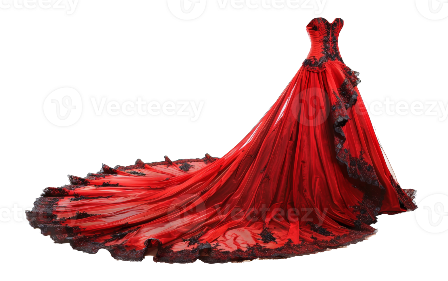 ai generiert rot Samt Abend Kleid mit fließend Zug auf transparent Hintergrund - - Lager png. png