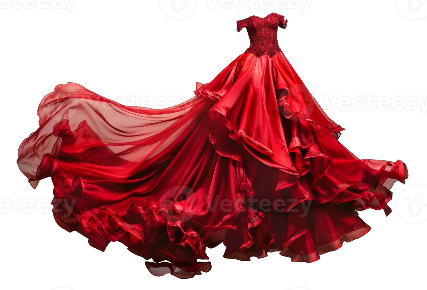 AI generated Red velvet evening gown with flowing train on transparent background - stock png. png
