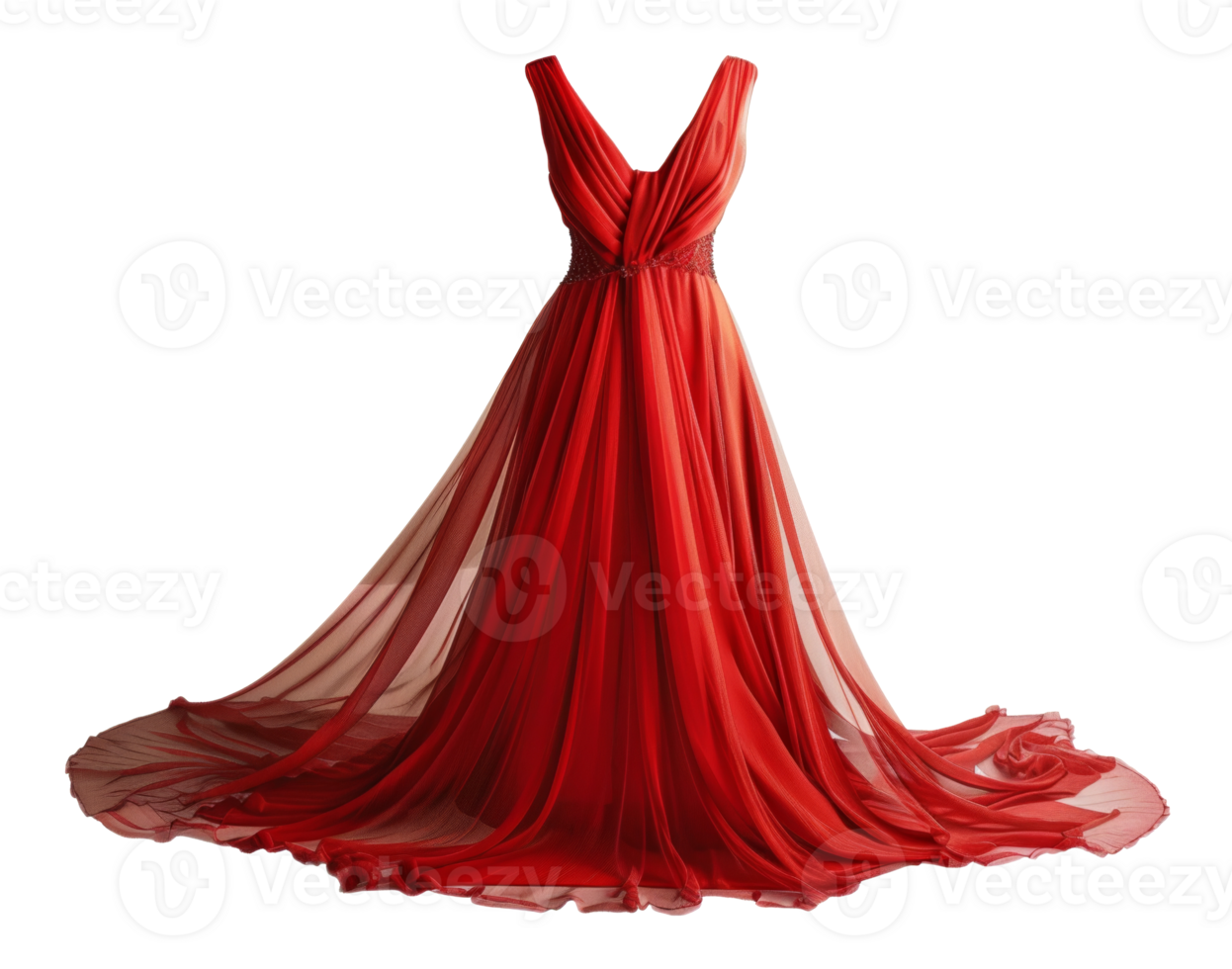 AI generated Red velvet evening gown with flowing train on transparent background - stock png. png