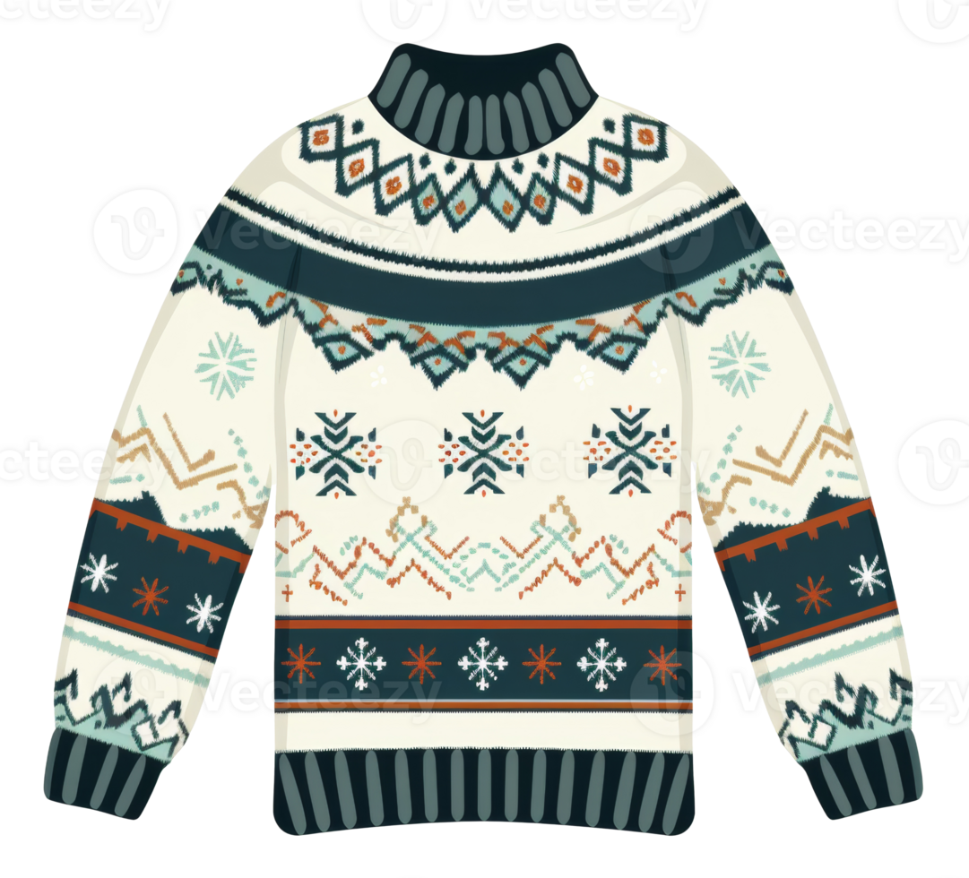 AI generated Knitted winter sweater with festive pattern on transparent background - stock png. png