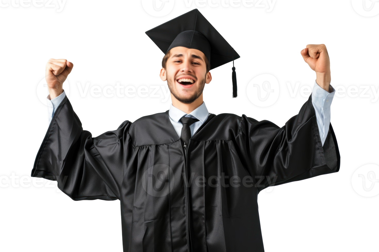 AI generated Graduate smiling with raised fists on transparent background png