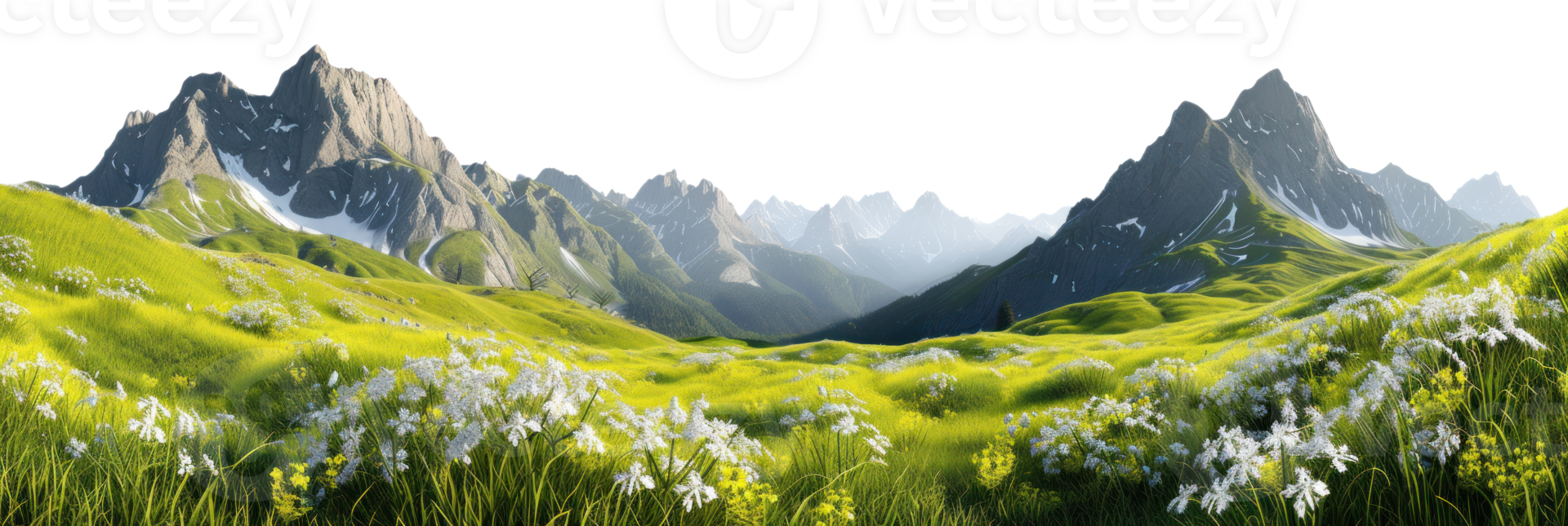 AI generated Mountain landscape in the mountains with blooming meadows on a transparent background png
