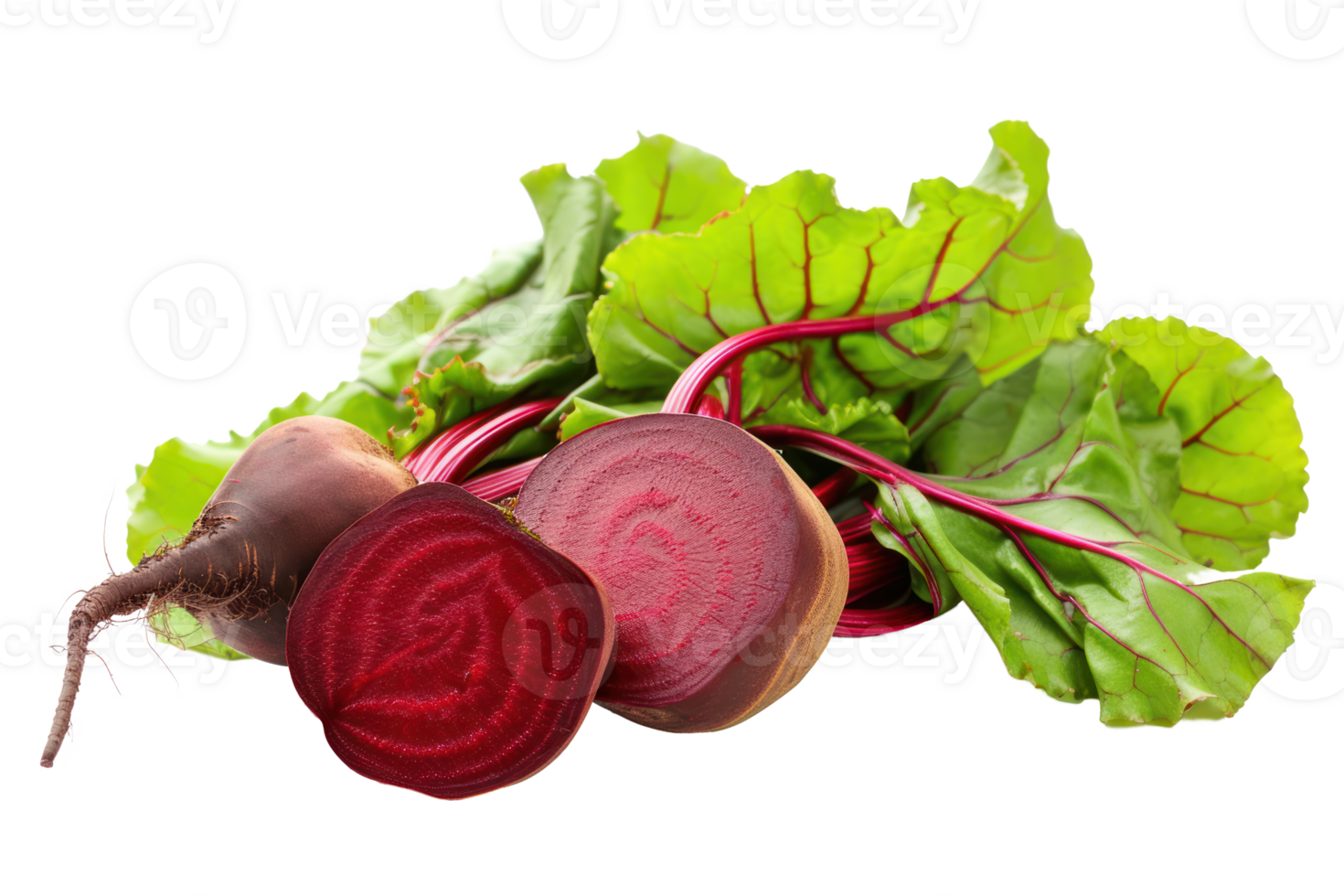AI generated Two red beets with lush green leaves on a transparent background png