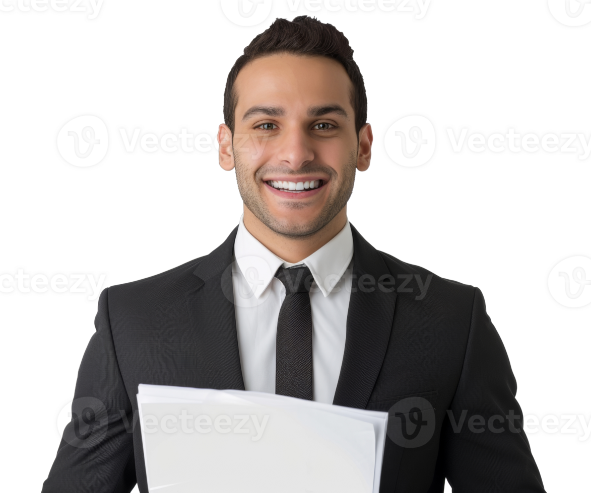 AI generated Smiling businessman holding blank white paper on transparent background - stock png. png