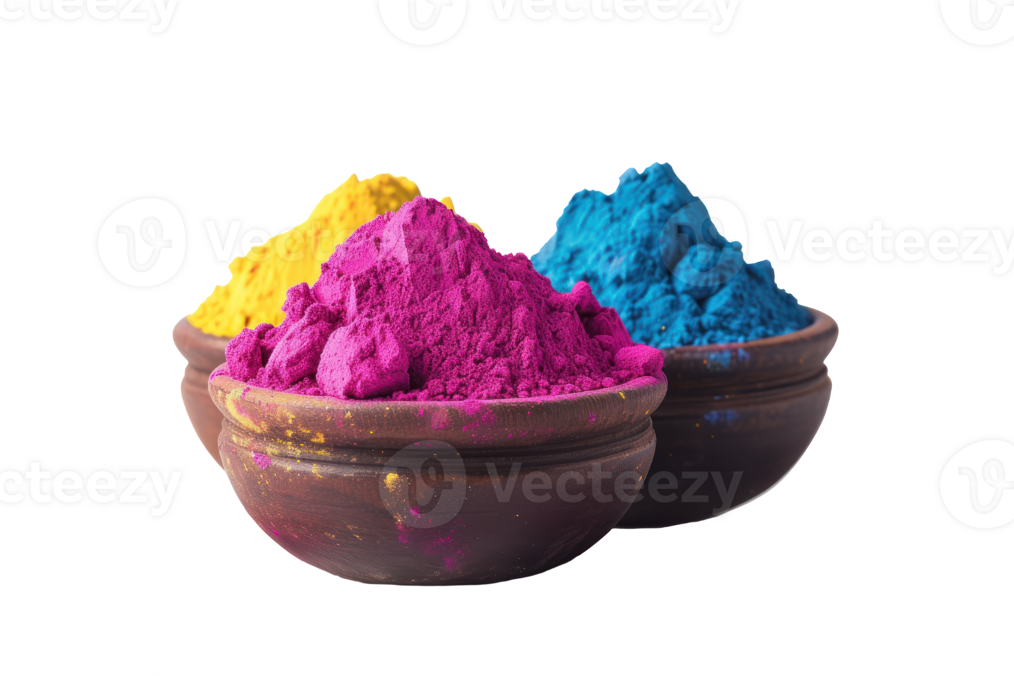 AI generated Close-up of bowl with bright colorful powder. Colorful holi powder in a bowl on a transparent background png