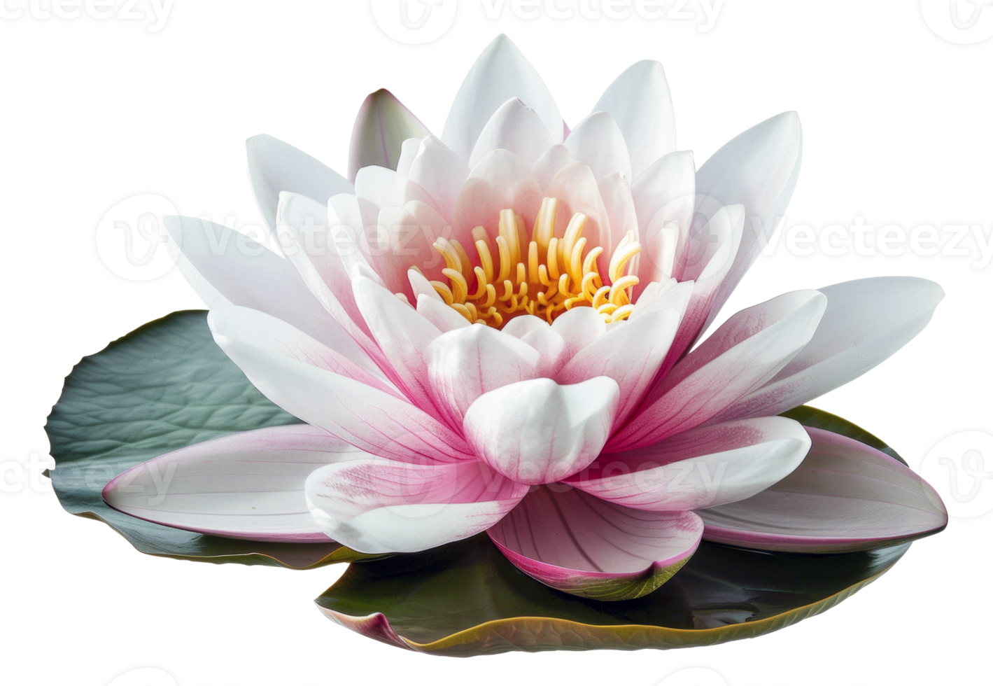 AI generated Pink water lily with dew drops floating on water on transparent background - stock png. png