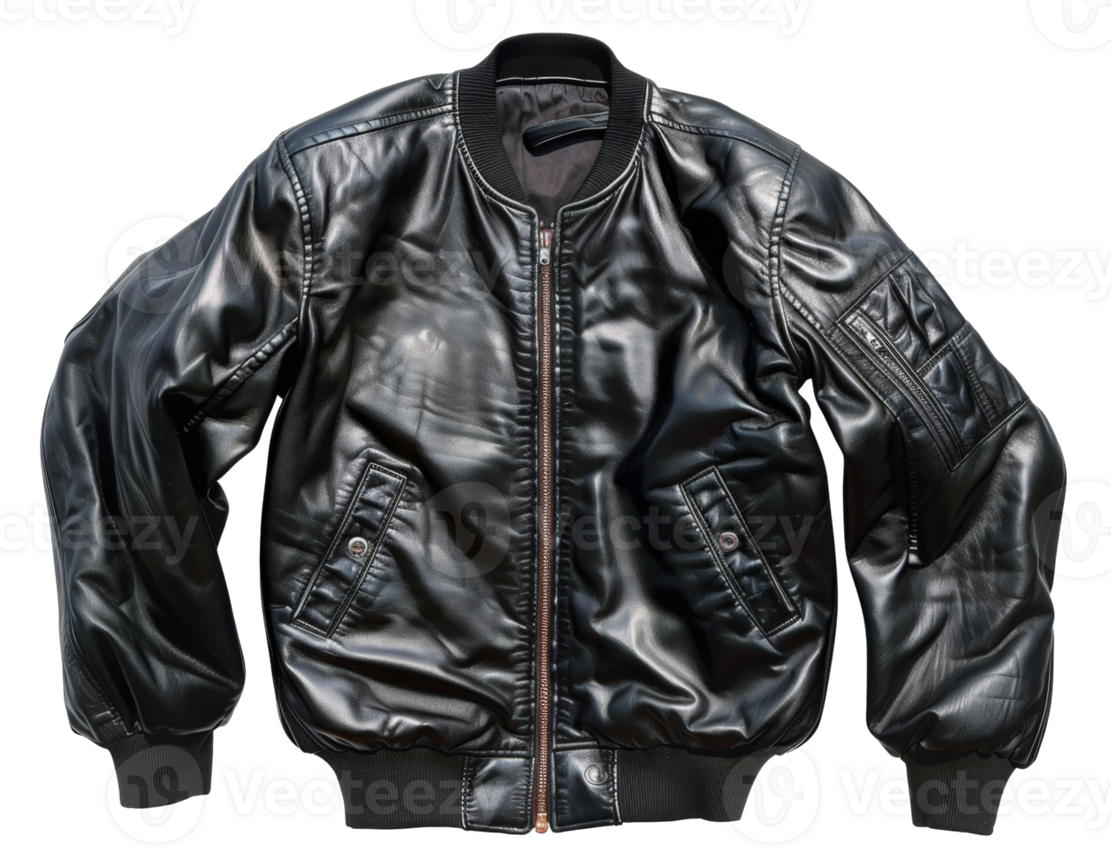 AI generated Black leather flight jacket with ribbed cuffs on transparent background - stock png. png