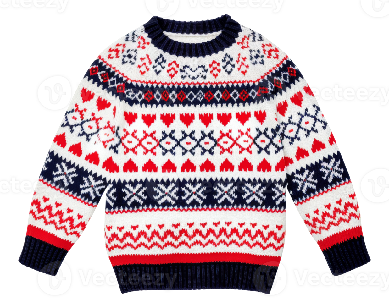 AI generated Knitted winter sweater with festive pattern on transparent background - stock png. png