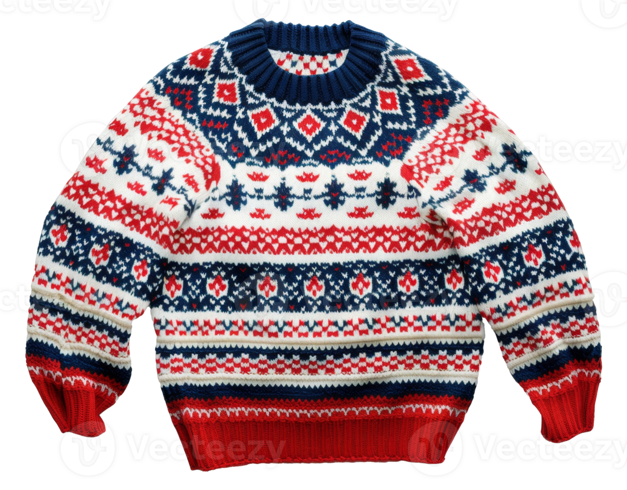 AI generated Knitted winter sweater with festive pattern on transparent background - stock png. png