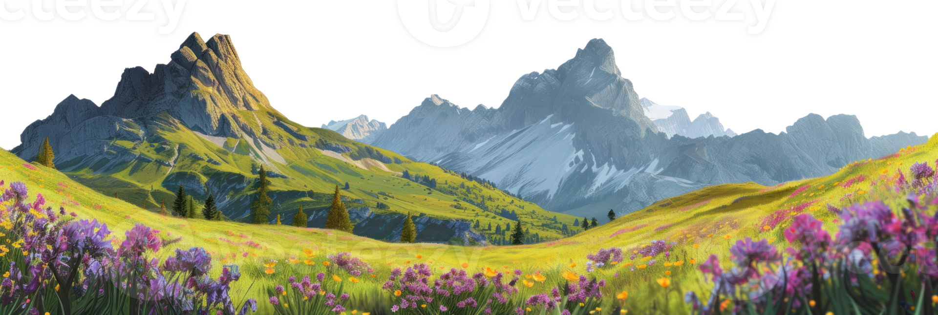 AI generated Mountain landscape in the mountains with blooming meadows on a transparent background png
