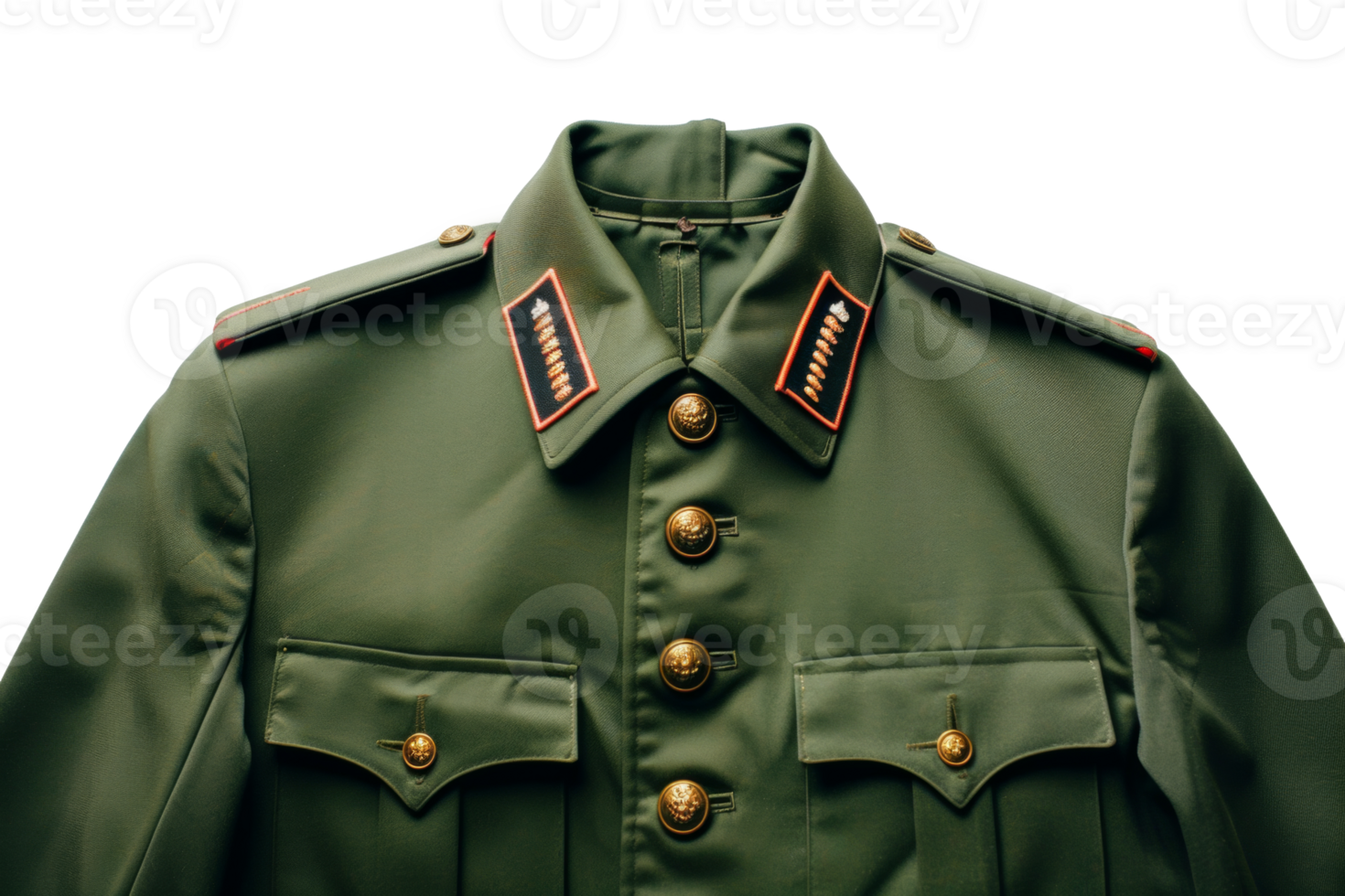 AI generated Green military uniform jacket with shoulder tabs on transparent background - stock png. png