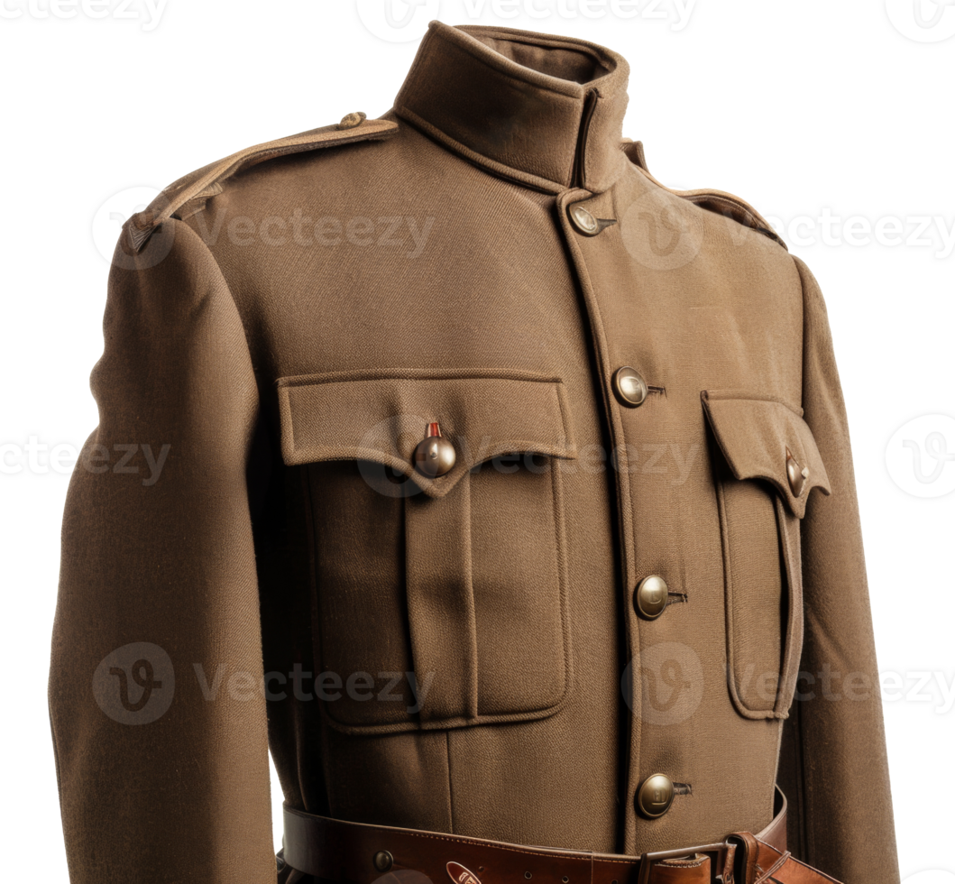 AI generated Military jacket with insignia on khaki fabric on transparent background - stock png. png