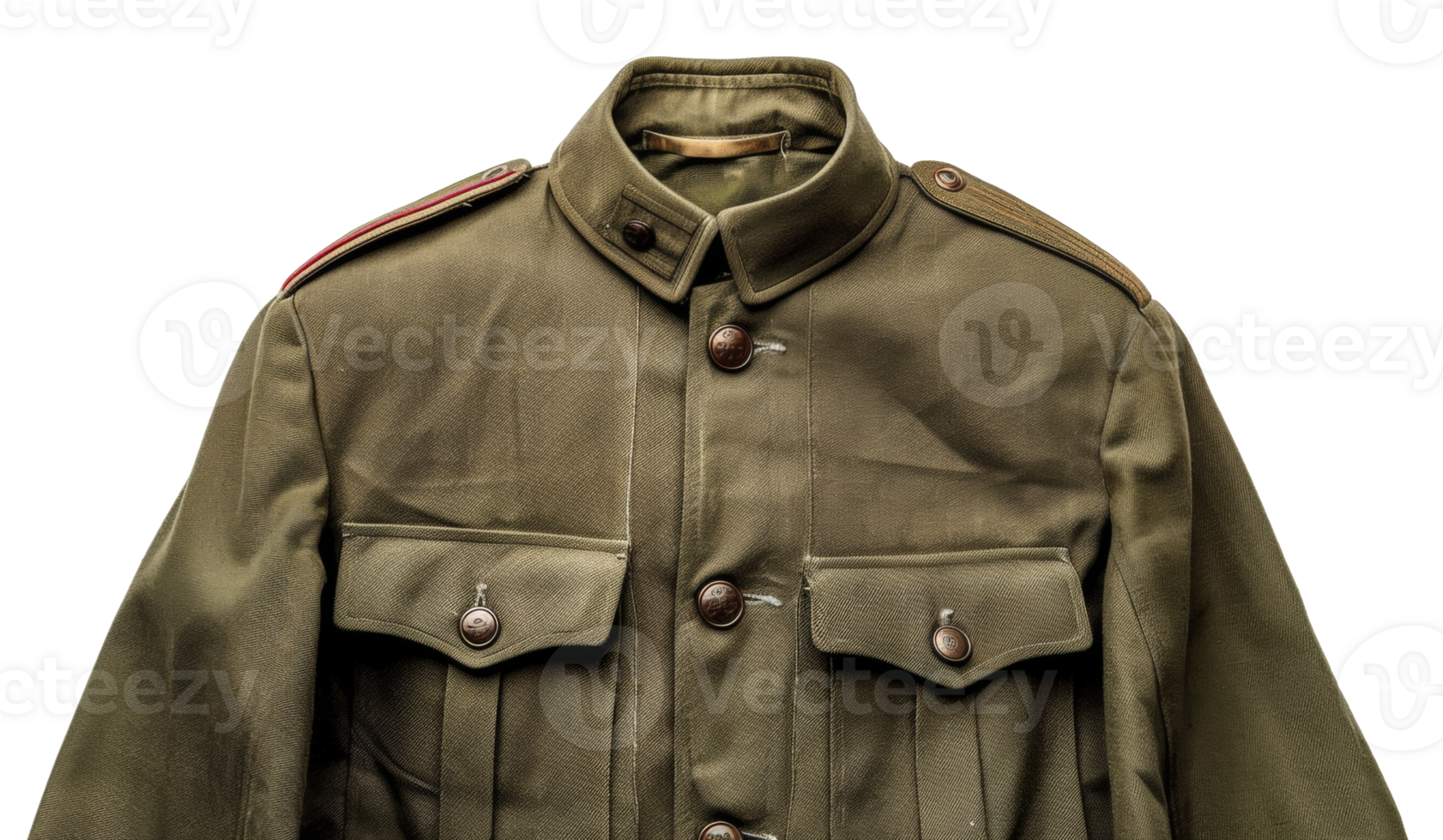 AI generated Military jacket with insignia on khaki fabric on transparent background - stock png. png