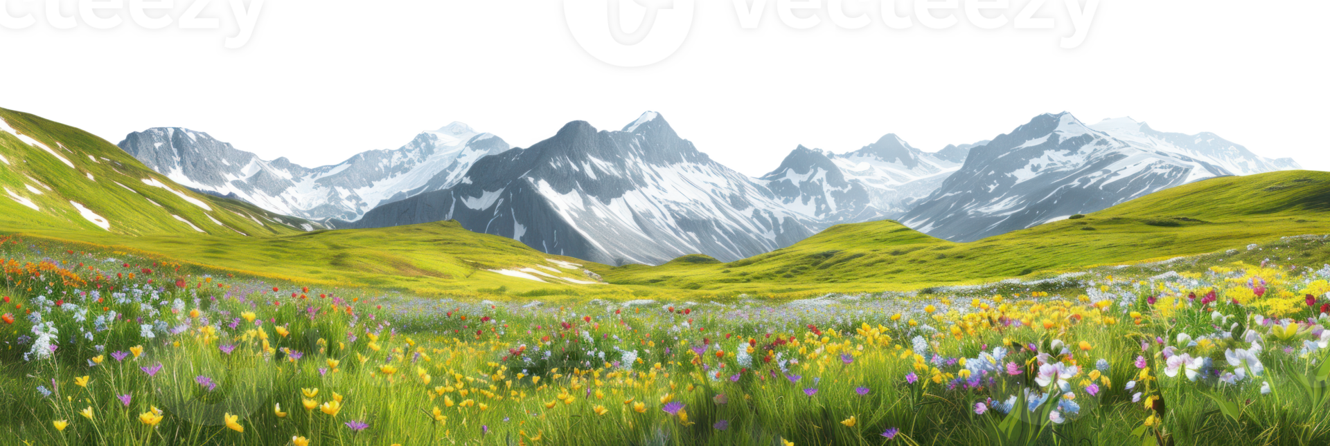 AI generated Mountain landscape in the mountains with blooming meadows on a transparent background png