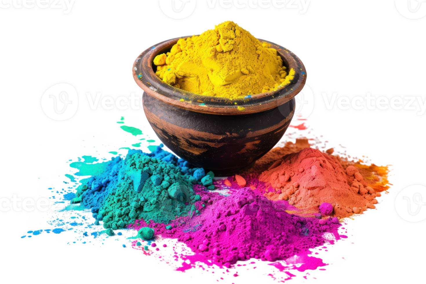 AI generated Close-up of bowl with bright colorful powder. Colorful holi powder in a bowl on a transparent background png