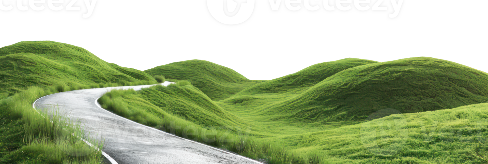 AI generated Winding road through lush green hills on transparent background - stock png. png