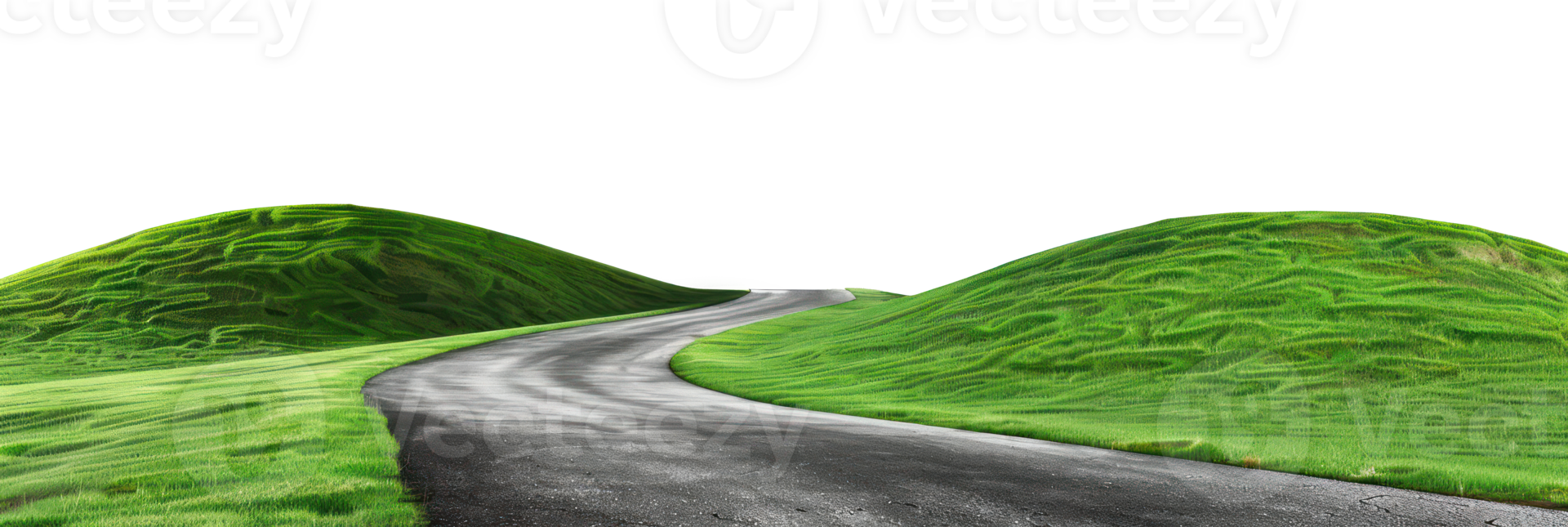 AI generated Winding road through lush green hills on transparent background - stock png. png