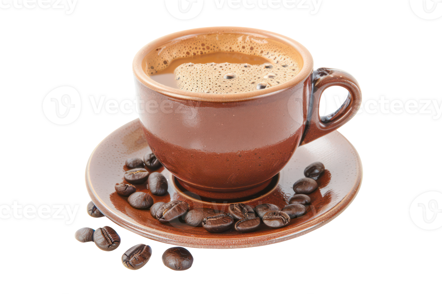 AI generated Rich espresso coffee with beans in a ceramic cup on transparent background - stock png. png