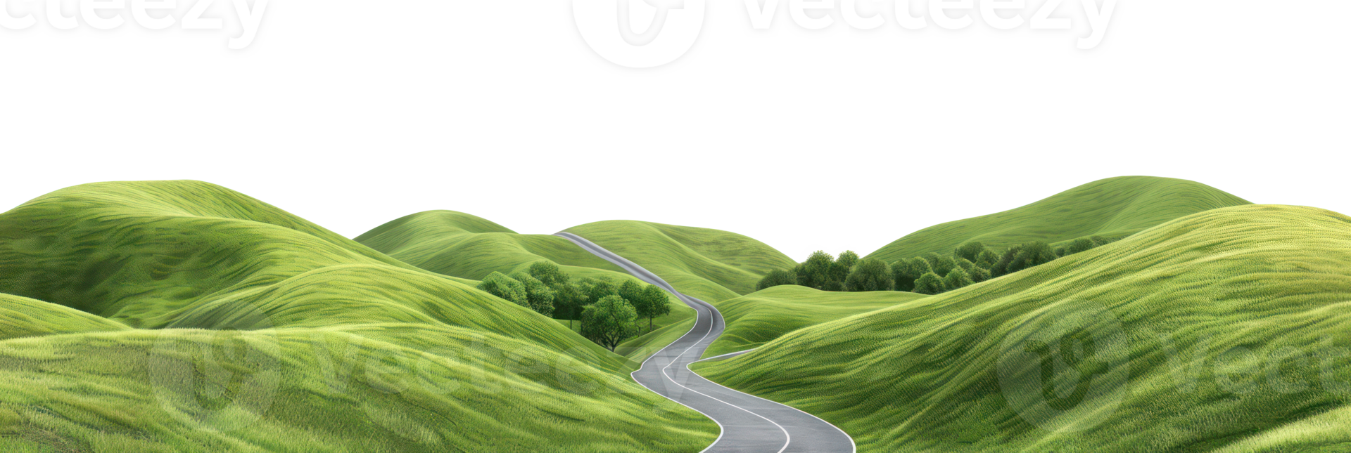 AI generated Winding road through lush green hills on transparent background - stock png. png