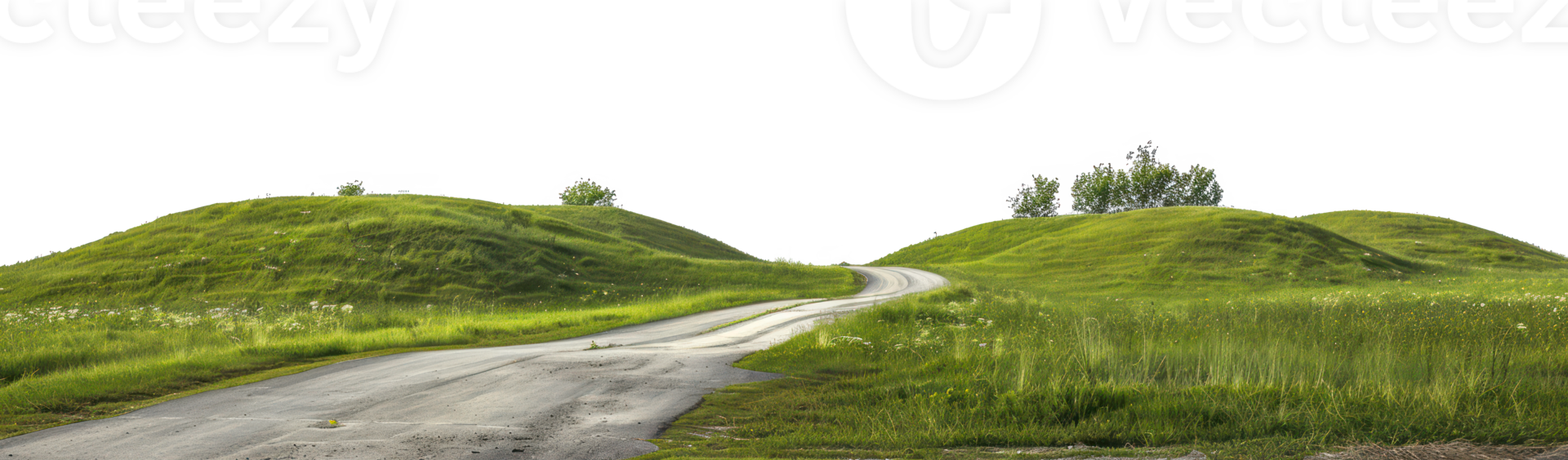 AI generated Winding road through lush green hills on transparent background - stock png. png